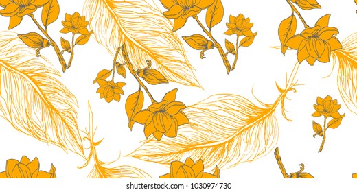Flower magnolia and feather pattern in vector, fabric, print, textile