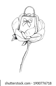Flower and makeup fashion illustration for beauty shop. Hand-drawn vector illustration. Black and white.