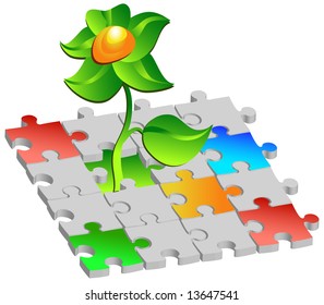 Flower making way through picture with multi-coloured puzzles, illustration