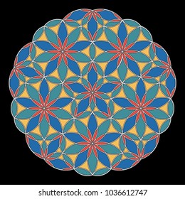 ?olor flower mandala. Arabesque. Circular ornament. Coloring book page. Round lattice. Decorative elements for the stained glass window. Arabic, Indian, mystical, ottoman motifs. 
