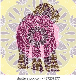 Flower mandala background with elephant for cards, invitations and coloring book. Boho style