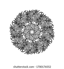 Flower mandala with beautiful elements on the white background. Beautiful coloring book. Coloring book page. Isolated objects, vector