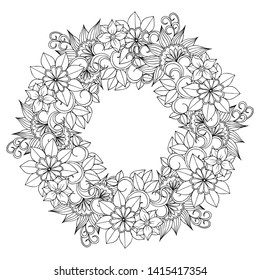 Flower mandala in black and white for coloring book. Page of leafs and flowers  in monochrome colors. Doodles pattern vector