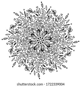 Blume Mandala. Schwarz-Weiß-Vektorgrafik einzeln auf weißem Hintergrund. Zen Art Style Illustration. Orientalische Zeichnung. Färben der Seitenvorlage. 