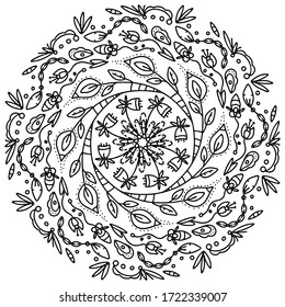 Flower Mandala. Black and white vector isolated on white background. Zen art style illustration. Oriental drawing. Coloring page template. 