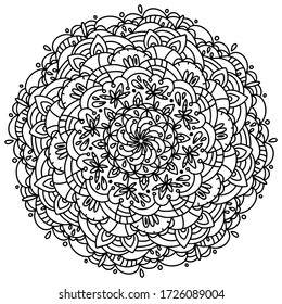 Flower Mandala. Black and white vector isolated on white background. Zen art style illustration. Oriental drawing. Coloring page template. 