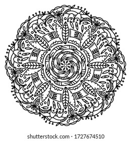 Flor Mandala. Vector blanco y negro aislado sobre fondo blanco. Ilustración de estilo de arte zen. Dibujo oriental. Plantilla de página de color. 