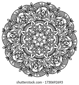 Flower Mandala. Black and white vector isolated on white background. Zen art style illustration. Oriental drawing. Coloring page template.