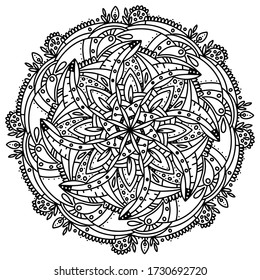 Flor Mandala. Vector blanco y negro aislado sobre fondo blanco. Ilustración de estilo de arte zen. Dibujo oriental. Plantilla de página de color.