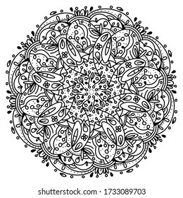 Flower Mandala. Black and white vector isolated on white background. Zen art style illustration. Oriental drawing. Coloring page template.