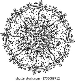 Flower Mandala. Black and white vector isolated on white background. Zen art style illustration. Oriental drawing. Coloring page template.