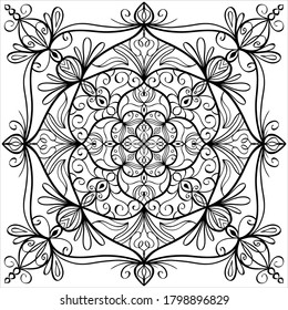  Flower mandala - black and white vector. Antistress coloring page.