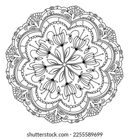 Flower Mandala. Black and white vector isolated on white background. Zen art style illustration. Oriental drawing. Coloring page template.
