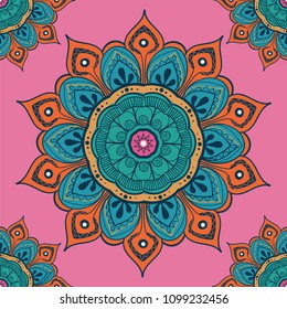 Flower mandala colorful background for cards, prints, textile and coloring books. Seamless pattern