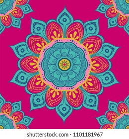 Flower mandala colorful background for cards, prints, textile and coloring books. Seamless pattern
