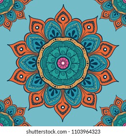 Flower mandala colorful background for cards, prints, textile and coloring books. Seamless pattern