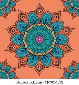 Flower mandala colorful background for cards, prints, textile and coloring books. Seamless pattern