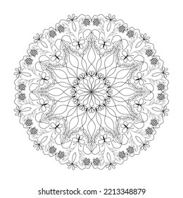 Flower mandala for coloring book page. Black line silhouette contour, template for print.  Floral round ornamental pattern for adults coloring pages. Oriental, Indian motifs. Beautiful details.