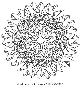 Flower mandala coloring page with doodle flowers and leaves, round antistress vector illustration for design and creativity