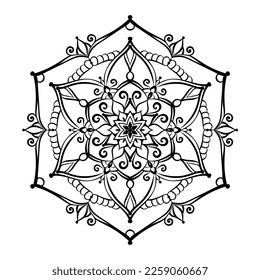 Flower mandala coloring page. Simple symmetrical floral shape for mindful coloring. Black outline on white background