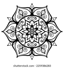 página de color Mandala de flores. Sencilla forma simétrica floral para un colorido atento. Esquema negro sobre fondo blanco
