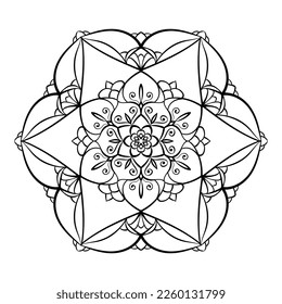 página de color Mandala de flores. Sencilla forma simétrica floral para un colorido atento. Esquema negro sobre fondo blanco