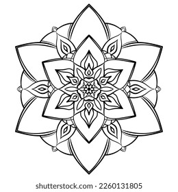 Flower mandala coloring page. Simple symmetrical floral shape for mindful coloring. Black outline on white background