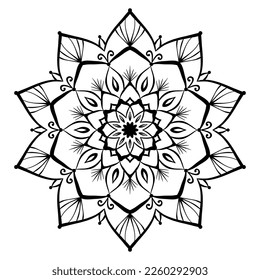 Flower mandala coloring page. Simple symmetrical floral shape for mindful coloring. Black outline on white background