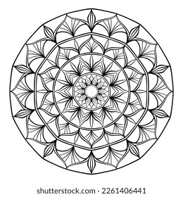 Flower mandala coloring page. Simple symmetrical floral shape for mindful coloring. Black outline on white background