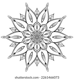 Flower mandala coloring page. Simple symmetrical floral shape for mindful coloring. Black outline on white background