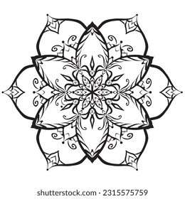 Flower mandala coloring page. Simple symmetrical floral shape for mindful coloring. Black outline on white background