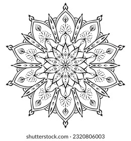 página de color Mandala de flores. Sencilla forma simétrica floral para un colorido atento. Esquema negro sobre fondo blanco