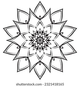 Flower mandala coloring page. Simple symmetrical floral shape for mindful coloring. Black outline on white background