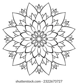 Flower mandala coloring page. Simple symmetrical floral shape for mindful coloring. Black outline on white background