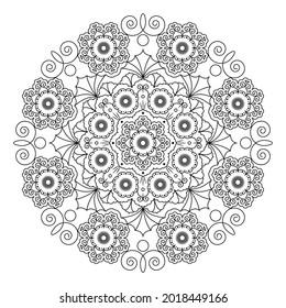 Mandala de flores con rizos sobre fondo blanco. Libro de colorantes antiestrés para niños y adultos. Elemento decorativo para el diseño
