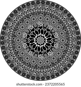 Flower mandala with daisies, roses and others of various types and sizes with white lines on a black background