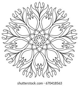 Flower Mandala. Decorative round ornaments. Anti-stress therapy patterns. Weave design. Yoga logos, backgrounds for meditation poster. coloring pages for adults, invitations, prints, textiles, tattoo