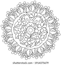 Flower mandala with Easter bunny in the center, floral and fantasy motifs in a round coloring page vector illustration