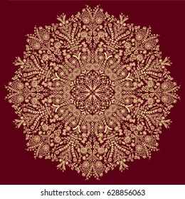 Flower Mandala. Gold purple round ornament. Vintage decorative elements. Oriental pattern. Hand drawn background. Floral round pattern in oriental style. Circle background. Arabic, Indian motifs.