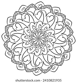Flower mandala with heart symbols, meditative love coloring page vector illustration