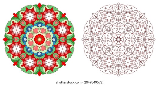 Flower mandala with hearts and curls on a white background. Coloring book for children and adults. Meditative drawing