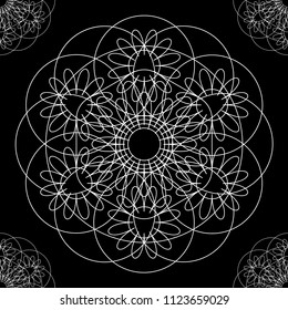 Flower mandala. Linear Graphics. Seamless pattern. Geometric symmetrical drawing. Black background. Large Items