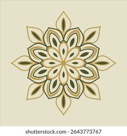 A flower mandala in olive and gold radiates outwards, creating a calming and elegant design for artistic projects.