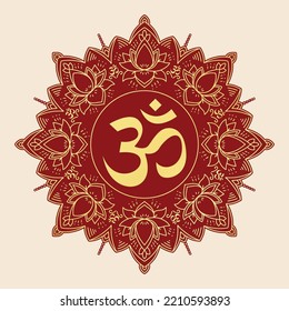 Flower Mandala With Om Hindu Symbol Golden Color With cream Background Printable Can be used for Poster, Banner, Sticker, wall of Temple, House etc. 