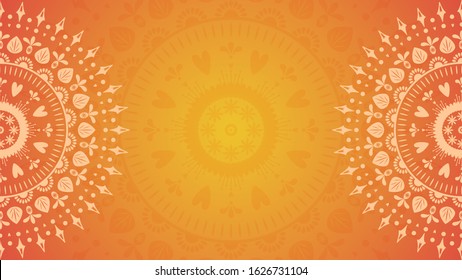 Flower mandala on orange background. Festive folk floral illustration with place for text