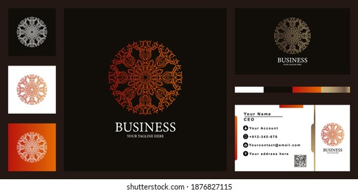 Flower, mandala or ornament luxury logo template design with business card.