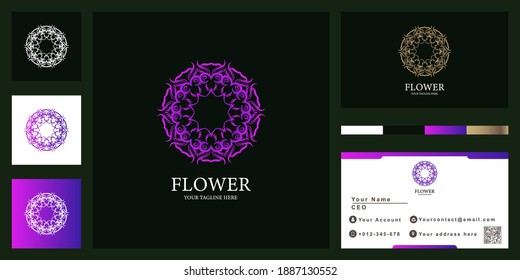 Flower, mandala or ornament luxury logo template design with business card.