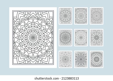 Flower mandala pattern bundle for coloring page interior. Traditional Indian style mandala ornament set. Coloring page interior for kids. Mandala decoration ornament bundle line art vector.