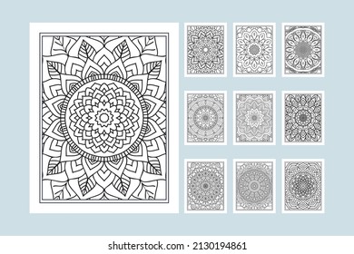 Flower mandala pattern bundle for coloring pages interior. Coloring page for kids. Traditional Indian style mandala ornament set. Mandala decoration ornament bundle line art vector.