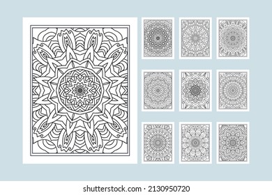 Flower mandala pattern bundle for coloring pages interior. Mandala decoration ornament bundle line art vector. Coloring page for kids. Traditional Indian style mandala ornament set.